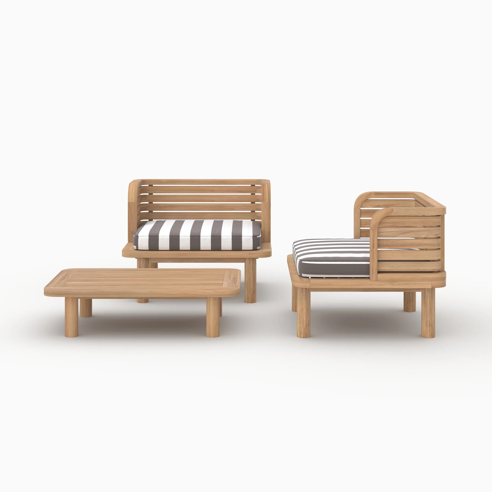 Salon de jardin 2 places en teck et tissu rayé gris, 2 fauteuils - Kilda