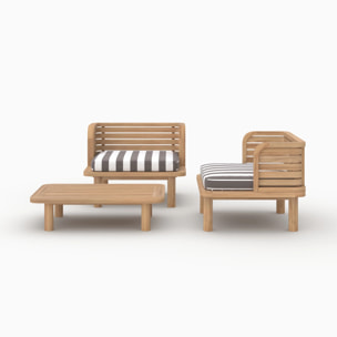 Salon de jardin 2 places en teck et tissu rayé gris, 2 fauteuils - Kilda
