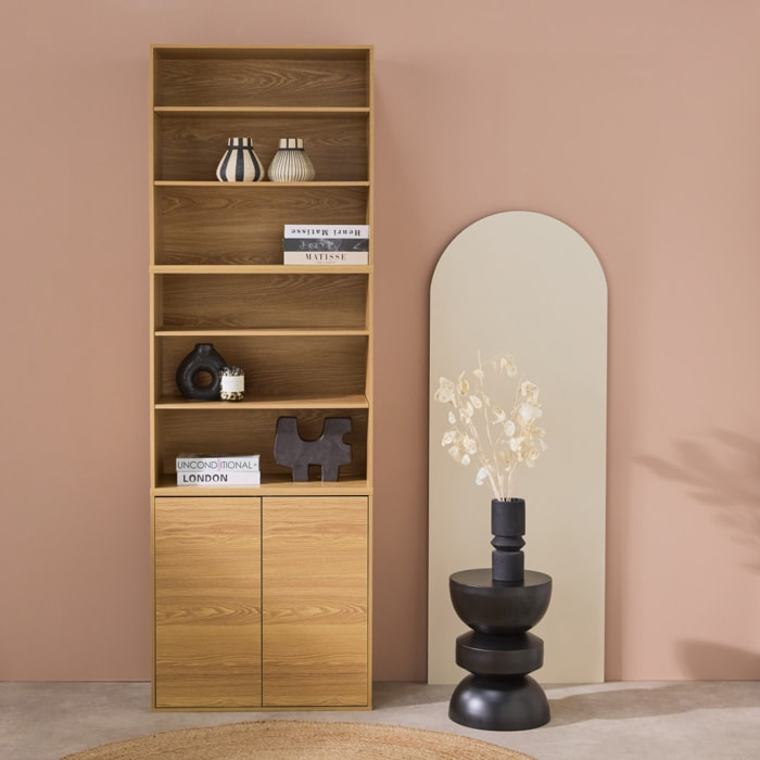Etagère. bibliothèque modulable décor bois chêne 3 éléments - 2 portes 5 étagères L 70 x P 35 x H 210cm - Kompo