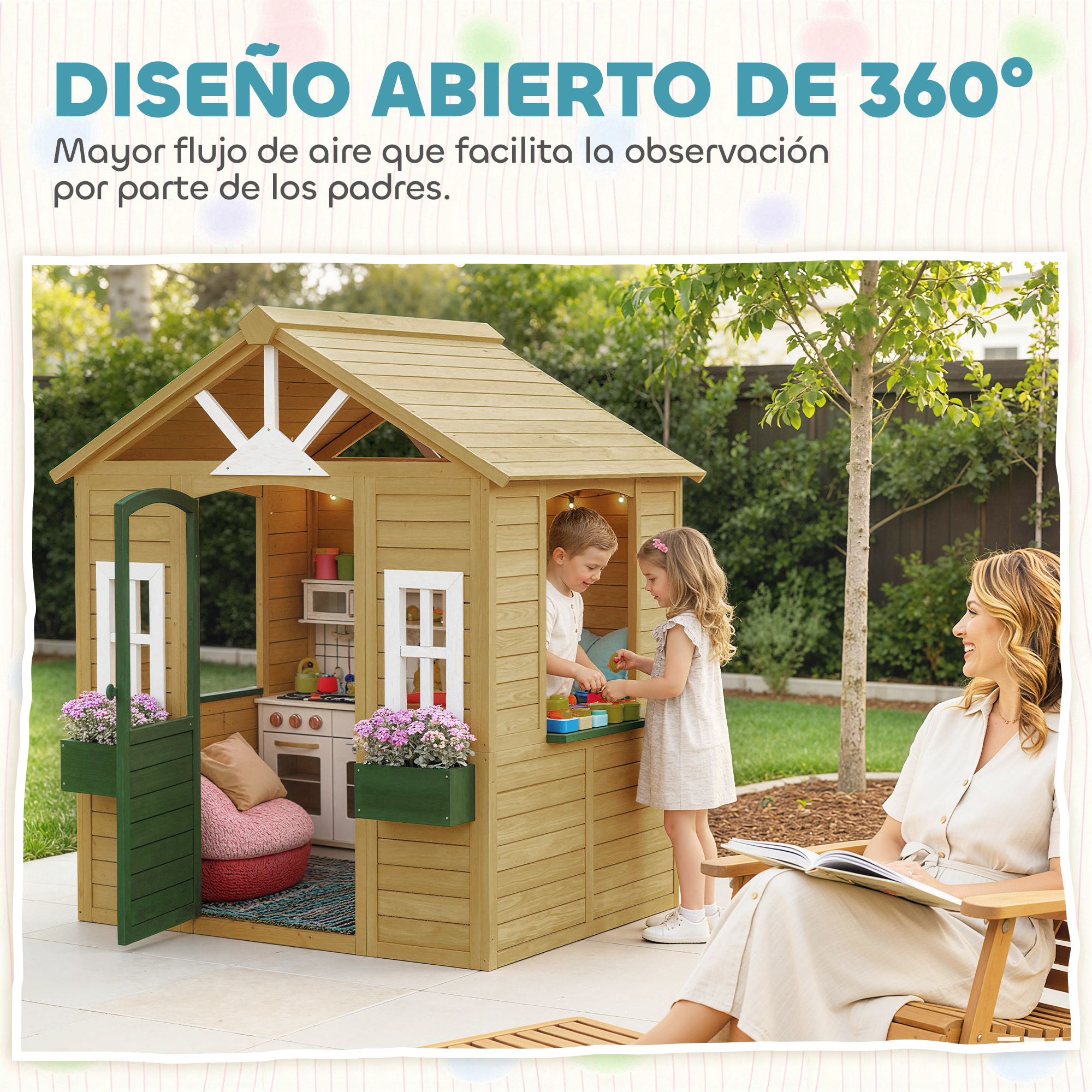 Casita Infantil Exterior e Interior de Madera, Casita Infantil con 2 Maceteros, 3 Ventanas, Media Puerta, Casa de Jardín para Niños de 3-8 Años, Marrón