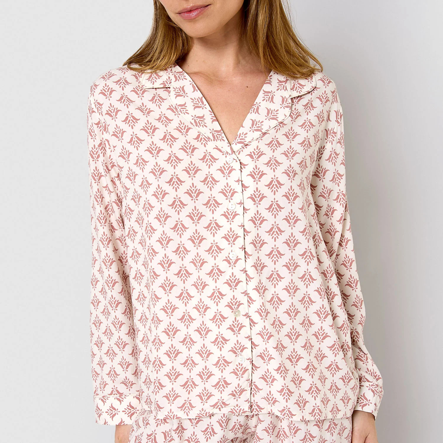 Pigiama lungo in viscosa rosa morocco, stile camicia