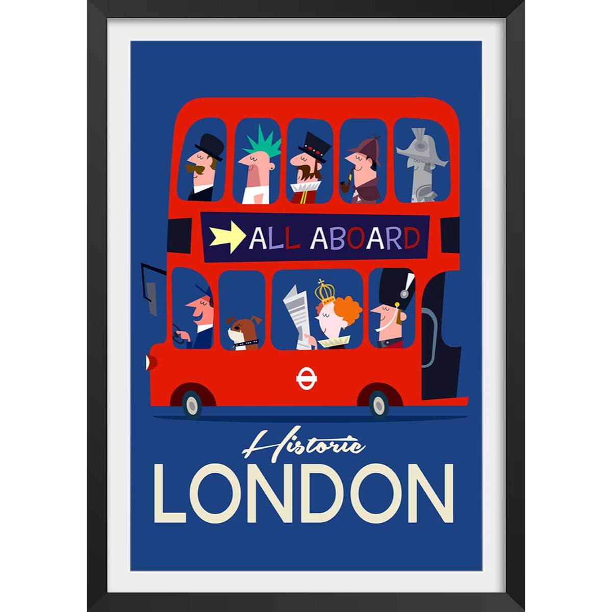 Poster retro bus london Affiche + cadre en bois - Noir