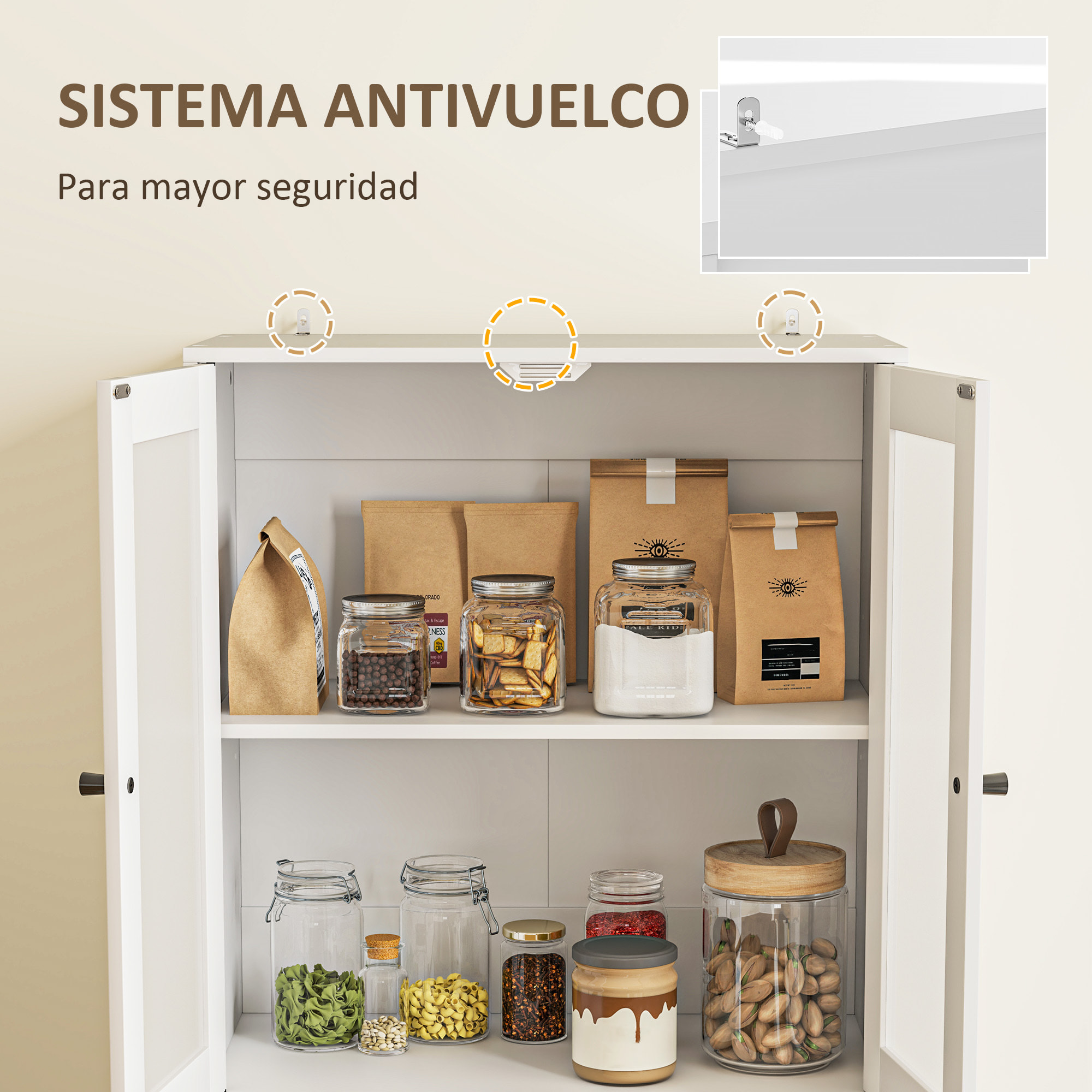 Alacena de Cocina Alta, Mueble Auxiliar de Cocina, con 4 Puertas de Vidrio, 2 Cajones, Estantes Ajustables, 59x30x170 cm, Blanco