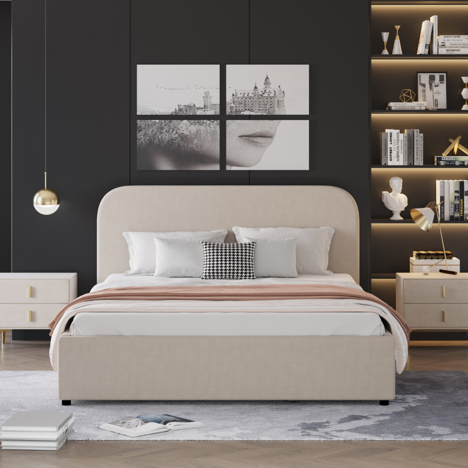 MENDOZA Lit avec coffre de rangement 160x200cm velours beige