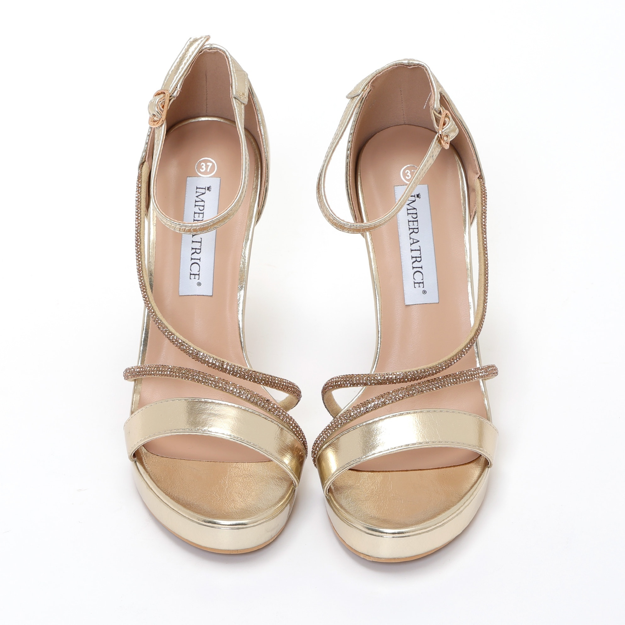 Sandali in simil pelle con tacco alto e fasce in strass