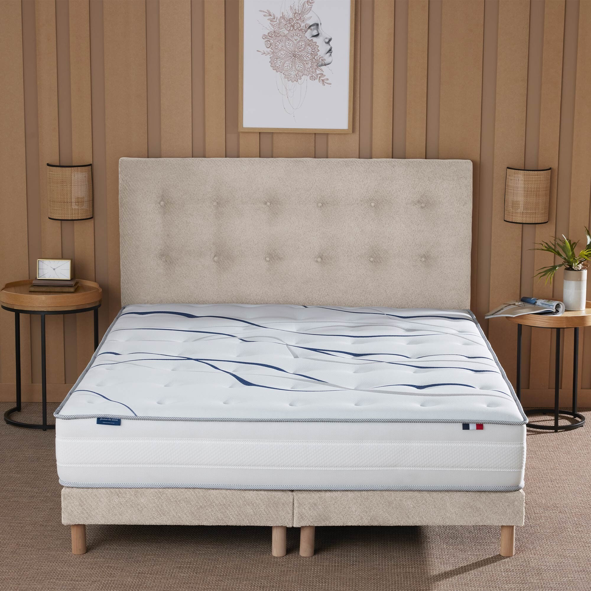 Ensemble matelas mousse HD NUVIA + sommier + tête de lit, chenille bouclettes Crème