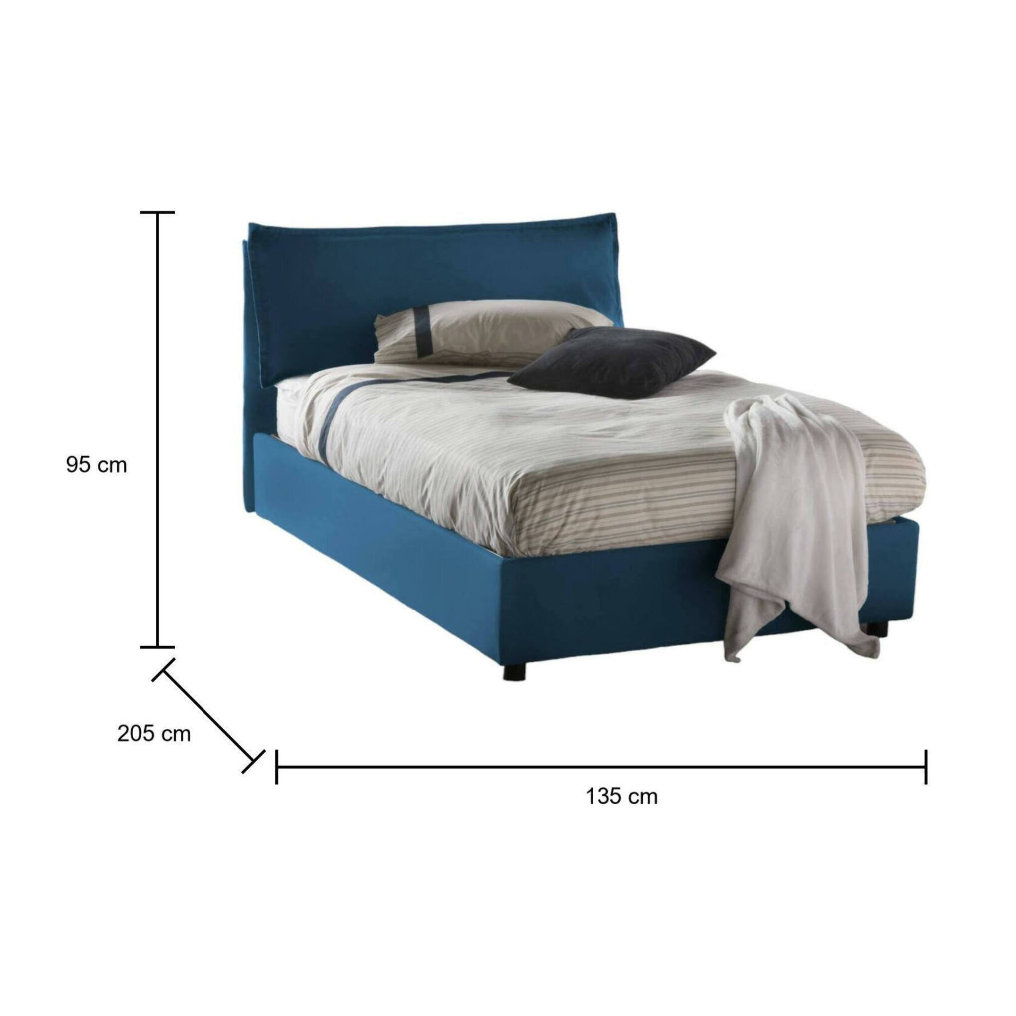 Letto piazza e mezza Desirée, Letto contenitore con rivestimento in tessuto, 100% Made in Italy, Apertura frontale, con materasso Cm 120x190 incluso, Blu