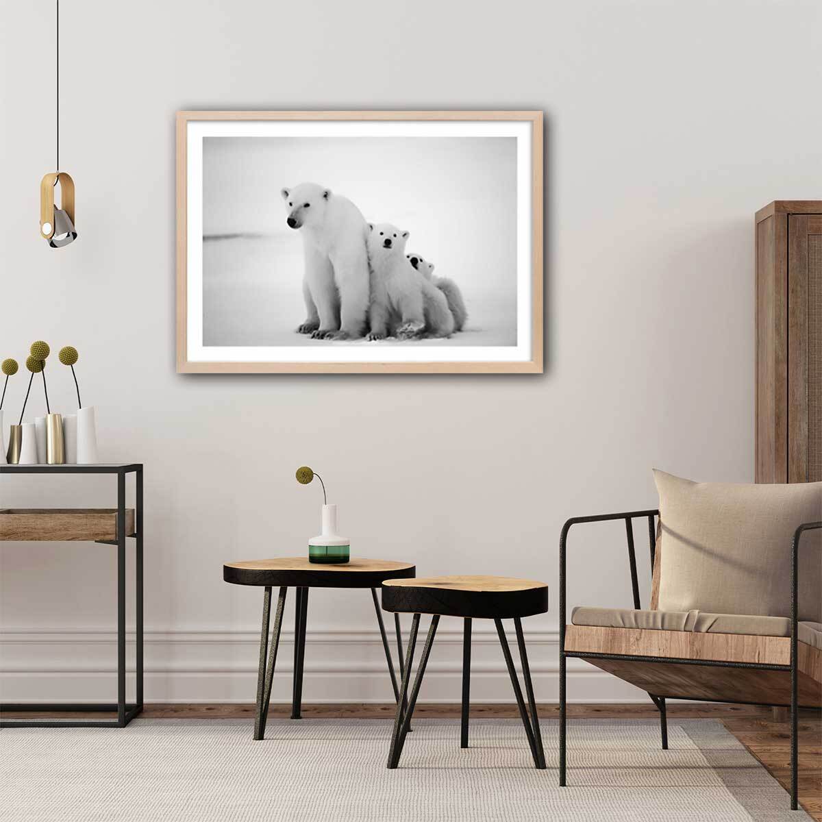 Affiche animaux family polar bear Affiche + cadre en bois - Chêne