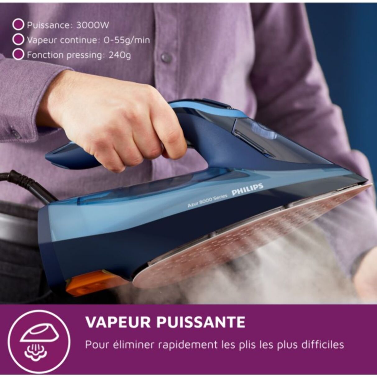 Fer à repasser PHILIPS DST8020/20 fer à vapeur Série 8000 Bleu clair, 3000W