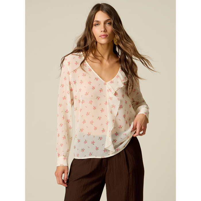 Oltre - Blusa fantasia con volant - Bianco