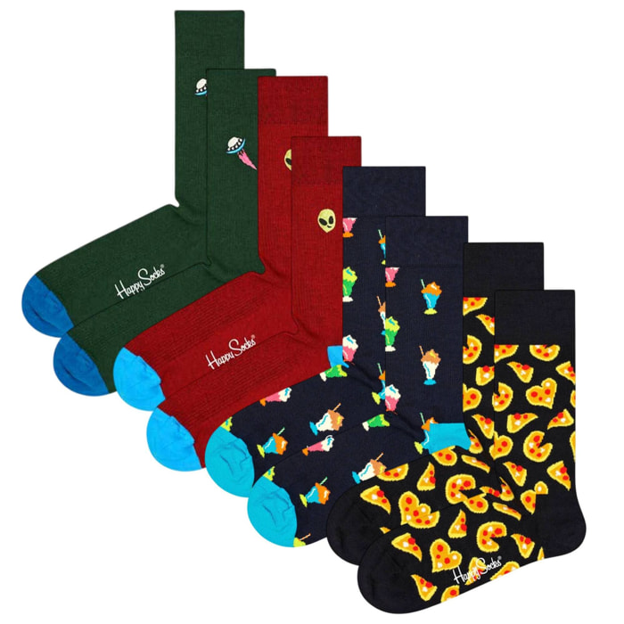 Set de 4 pares de calcetines - diseños "Pizza", "Milkshake", "Alien" y "UFO"