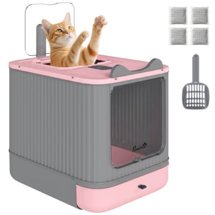 Arenero para Gatos Cubierto M, Caja de Arena para Gatos Medianos, Arenero con Tapa Abatible, Entrada Frontal, Salida Superior, Pala, Bolsas Desodorantes, Fácil de Limpiar, Antifugas, Rosa
