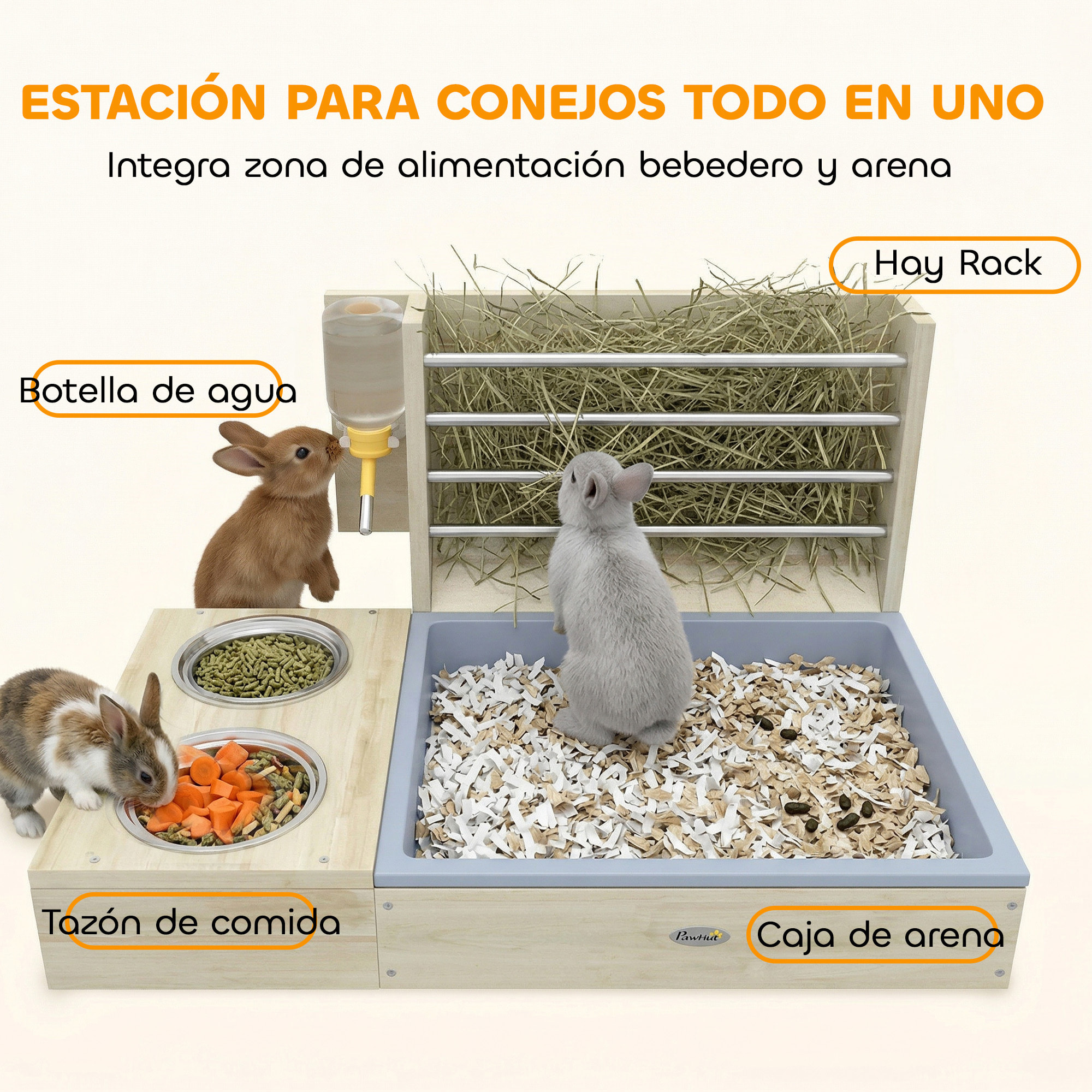 Comedero de Heno para Conejos con Bandeja, Alimentador de Heno de Madera con Cuenco de Acero Inoxidable y Botella de Agua, para Cobayas, Chinchillas, Gran Capacidad y Prevención de Residuos
