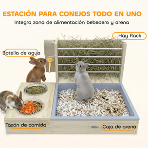Comedero de Heno para Conejos con Bandeja, Alimentador de Heno de Madera con Cuenco de Acero Inoxidable y Botella de Agua, para Cobayas, Chinchillas, Gran Capacidad y Prevención de Residuos