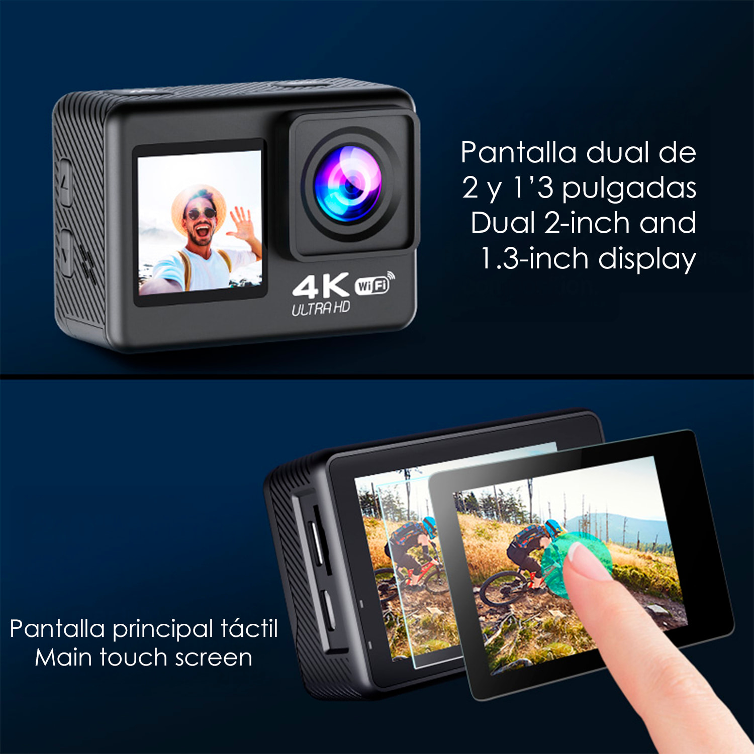 Cámara Deportiva AT-S60 TR 4k 60fps con 24 mpx, doble pantalla de 2" y 1.3" estabilizador de imagen, multitud de accesorios y WIFI.