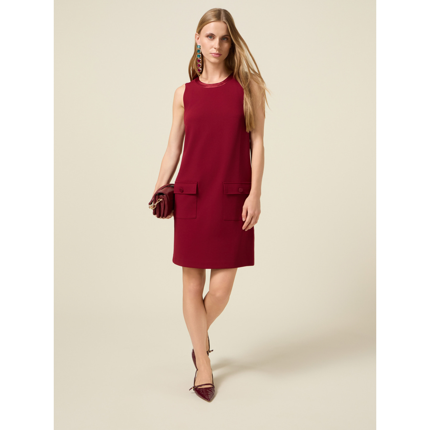 Oltre - Vestido tubo fluido con bolsillos y botones - Rojo