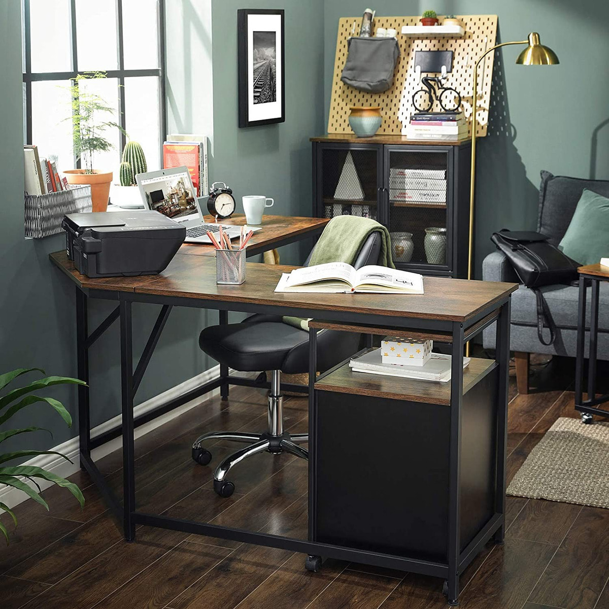 Scrivania ad Angolo Stile Industriale 149x149 cm in Truciolare e Acciaio Nero