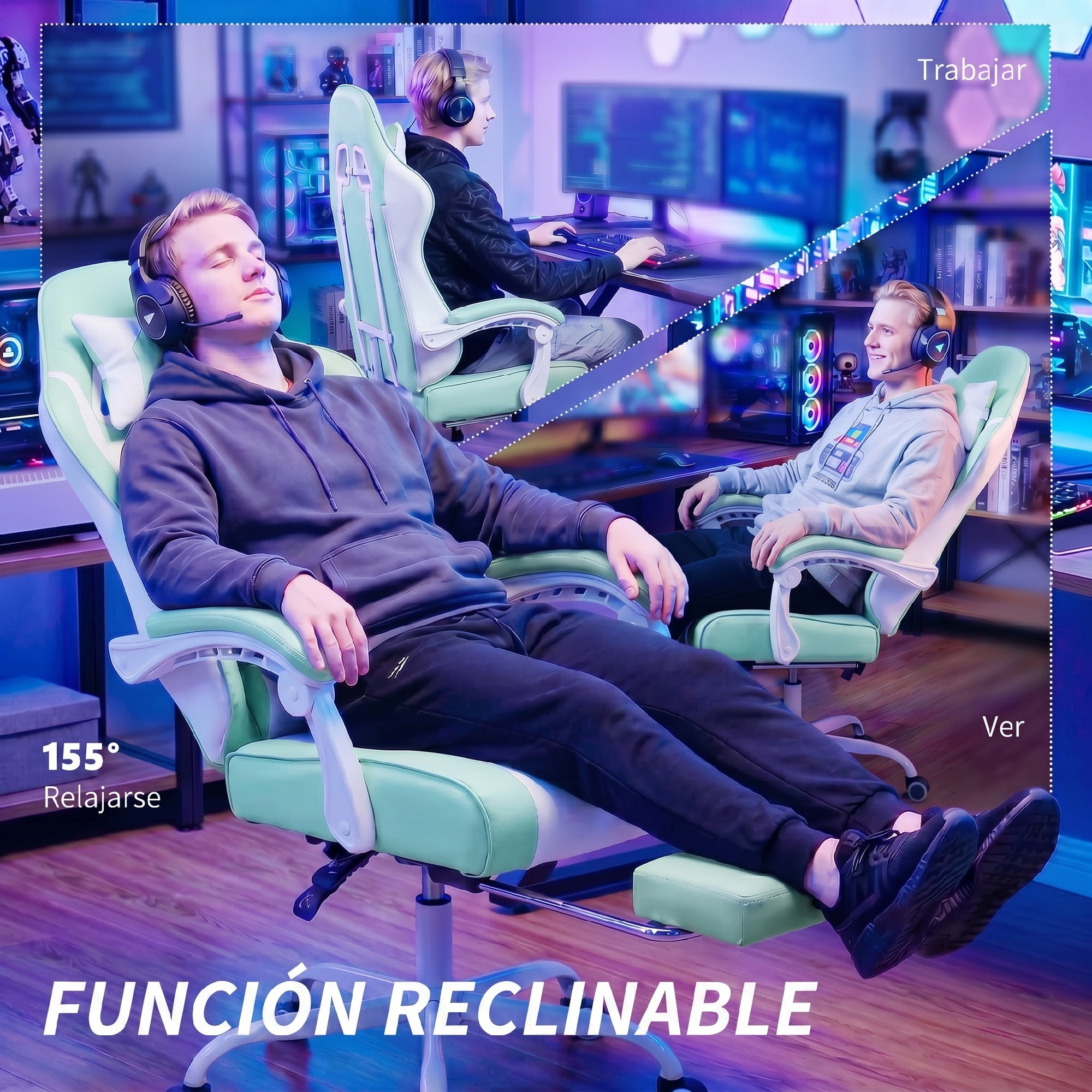 Silla Gaming Ergonómica, Silla Gamer con Lumbar Masaje Vibración, Reclinable 155°, Altura Ajustable, Reposacabezas y Reposapiés Retráctil, para Oficina, Estudio, Azul Claro