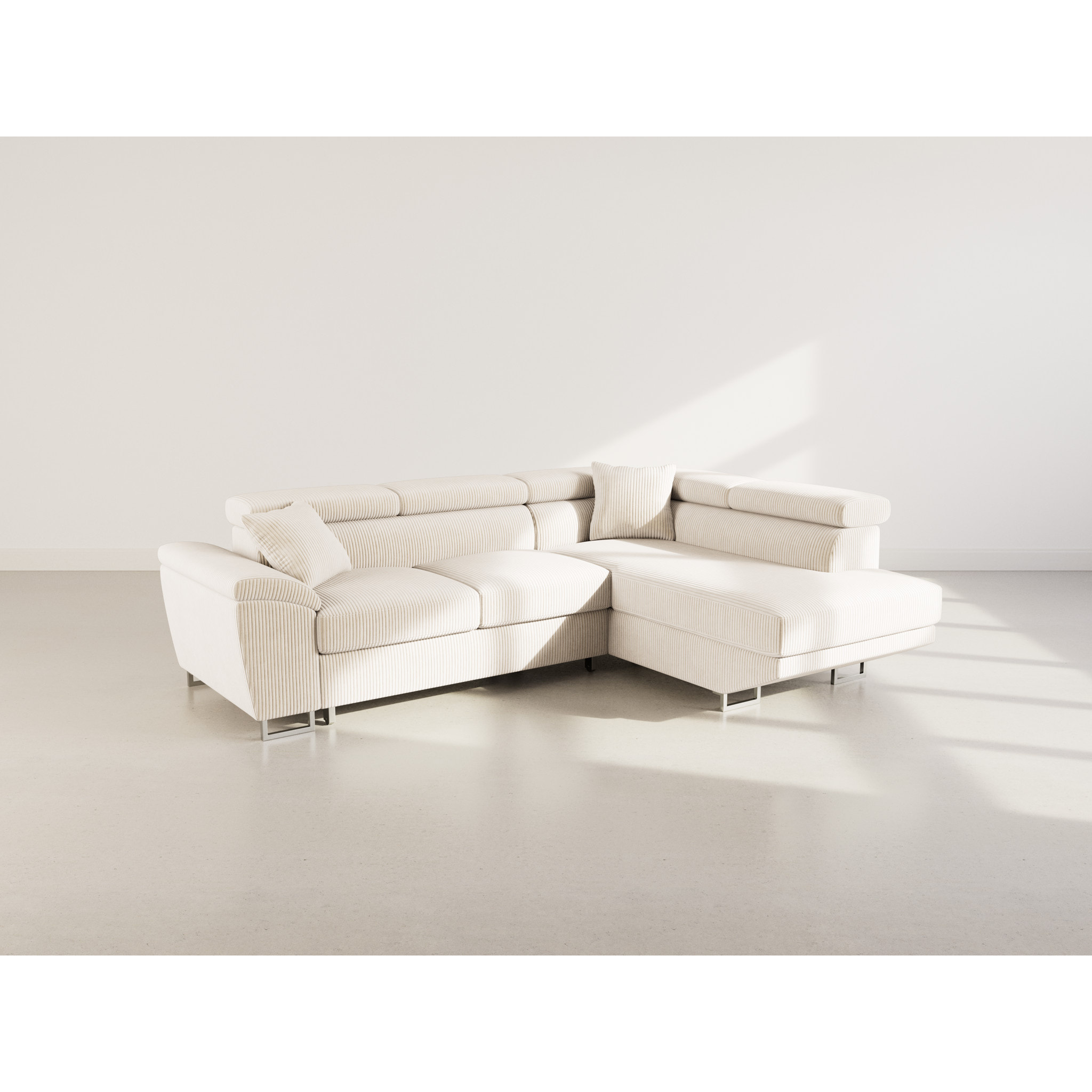 Baoji - Canapé d'angle droit 5 places convertible avec têtières et coffre en velours côtelé - Beige