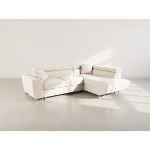 Baoji - Canapé d'angle droit 5 places convertible avec têtières et coffre en velours côtelé - Beige