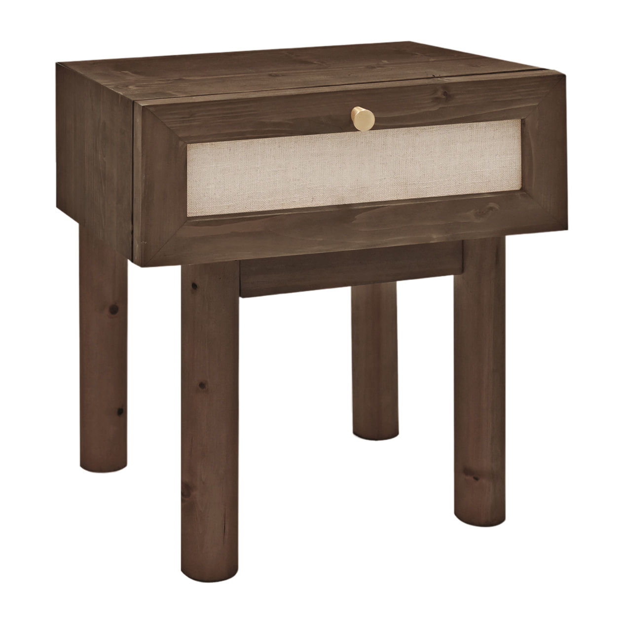 Table basse avec tiroir en bois massif et tissu lin ton noyer 45x40cm Hauteur: 45 Longueur: 40 Largeur: 37