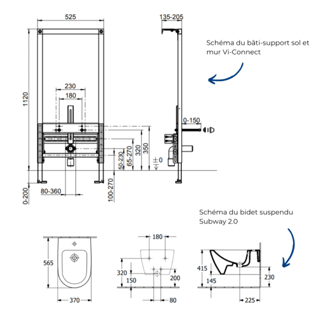 Pack bidet suspendu VILLEROY & BOCH Subway 2.0 + Bâti-support sol et mur Vi-connect