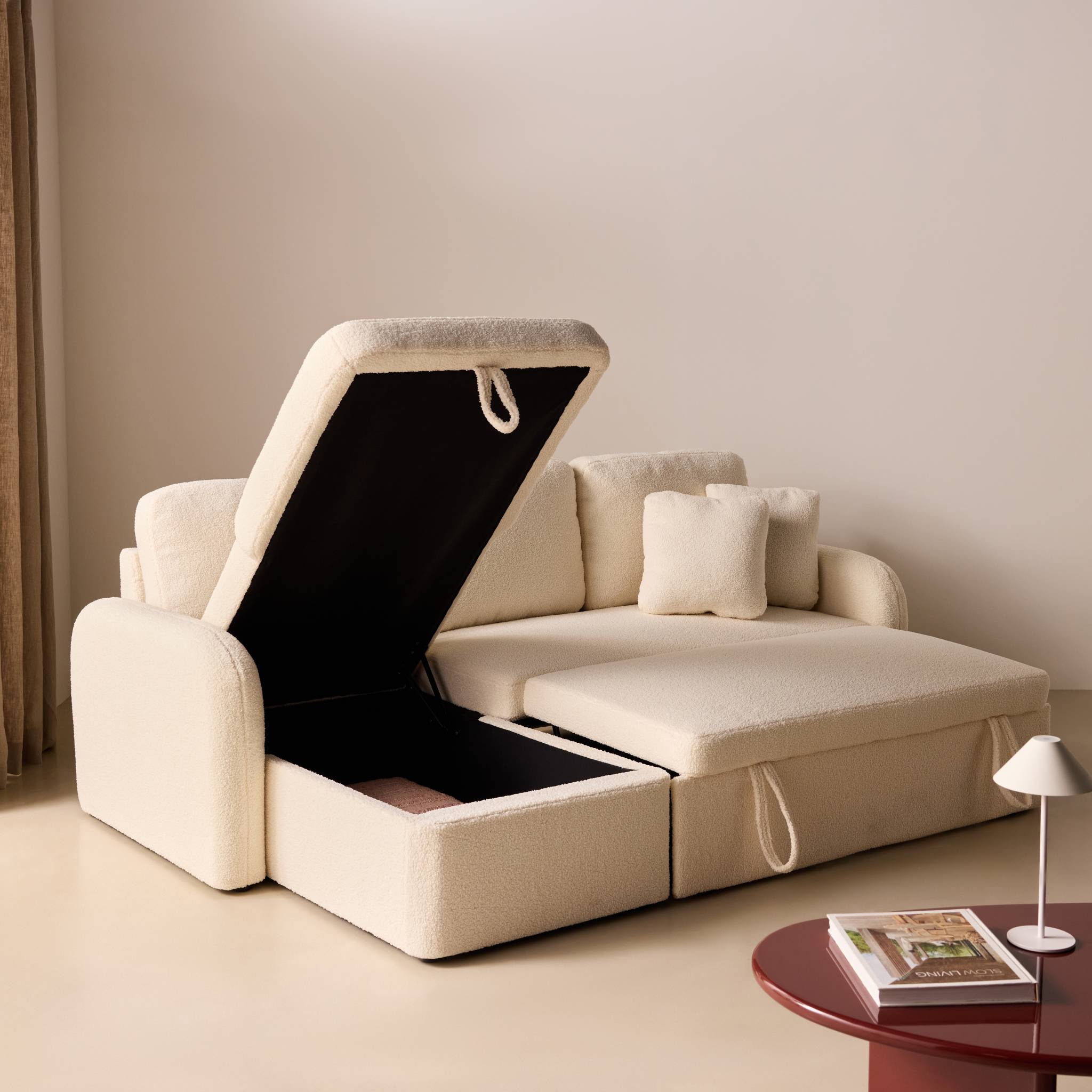 Canapé convertible réversible 3 places lignes arrondies bouclette avec coffre MILANO