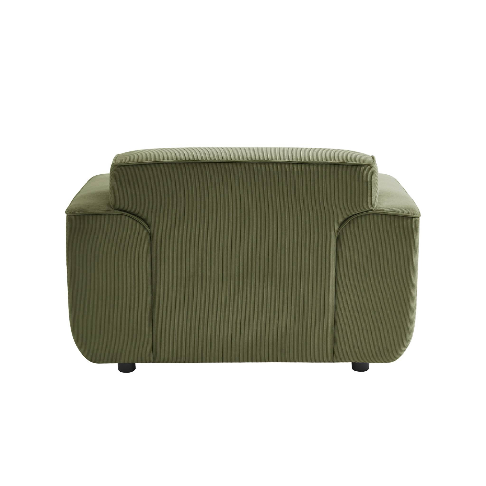 Fauteuil velours côtelé vert. lignes arrondies. coussin fourni. Wallas. L 116 x P 97 x H 73cm