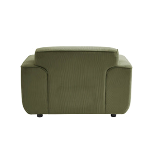Fauteuil velours côtelé vert. lignes arrondies. coussin fourni. Wallas. L 116 x P 97 x H 73cm