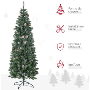 Sapin de Noël artificiel aspect enneigé Ø 65 x 180H cm 37 pommes de pin 618 branches épines imitation Nordmann grand réalisme