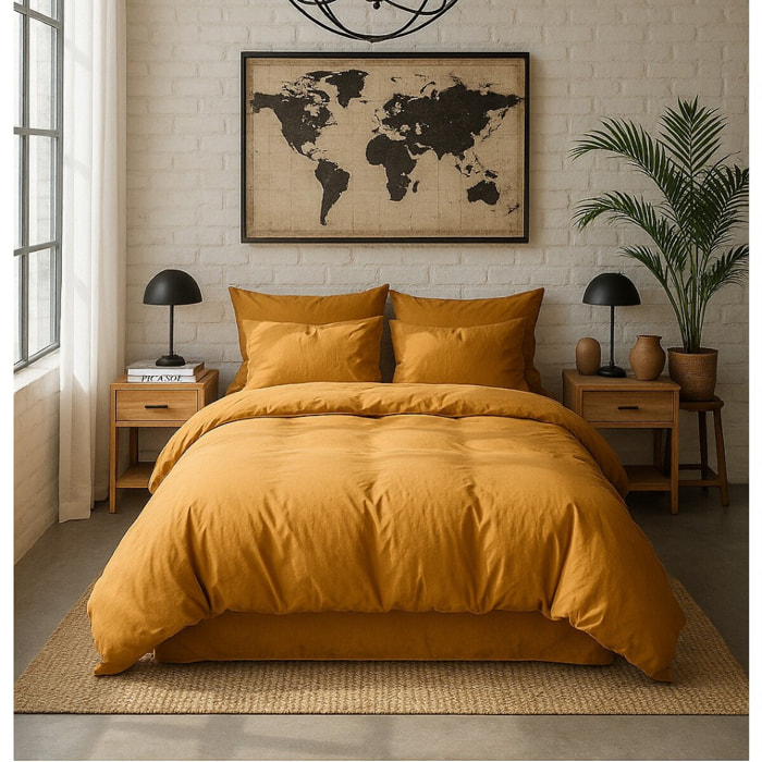 Paire de Taies D'oreiller Avec Volant 100% Percale De Coton Lavé Safran