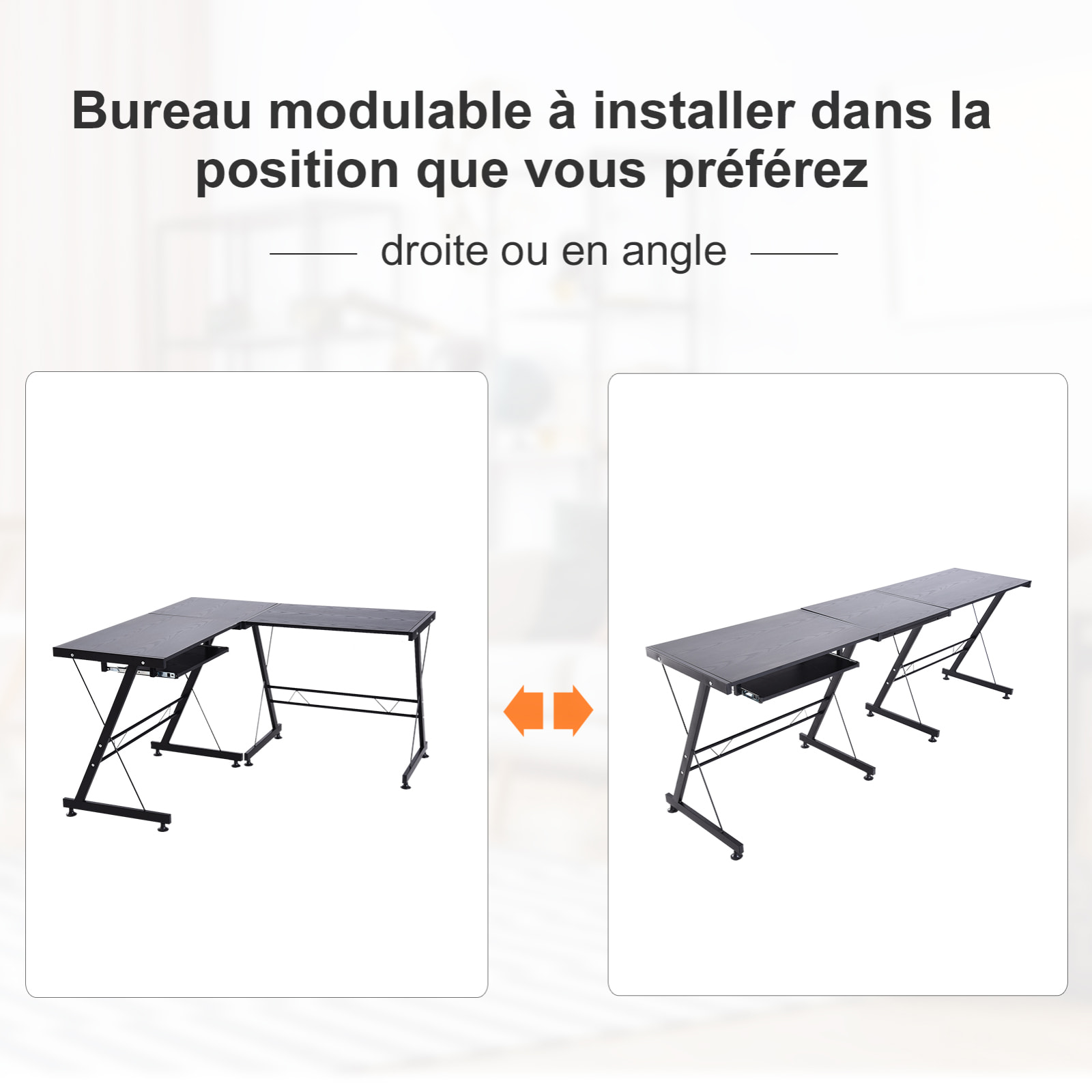 Bureau d'angle bureau informatique design moderne métal MDF imitation veinage bois noir