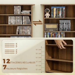 Étagère range CD - meuble rangement CD DVD - 16 compartiments, 12 étagères réglables - max 720 CD/396 DVD - noyer