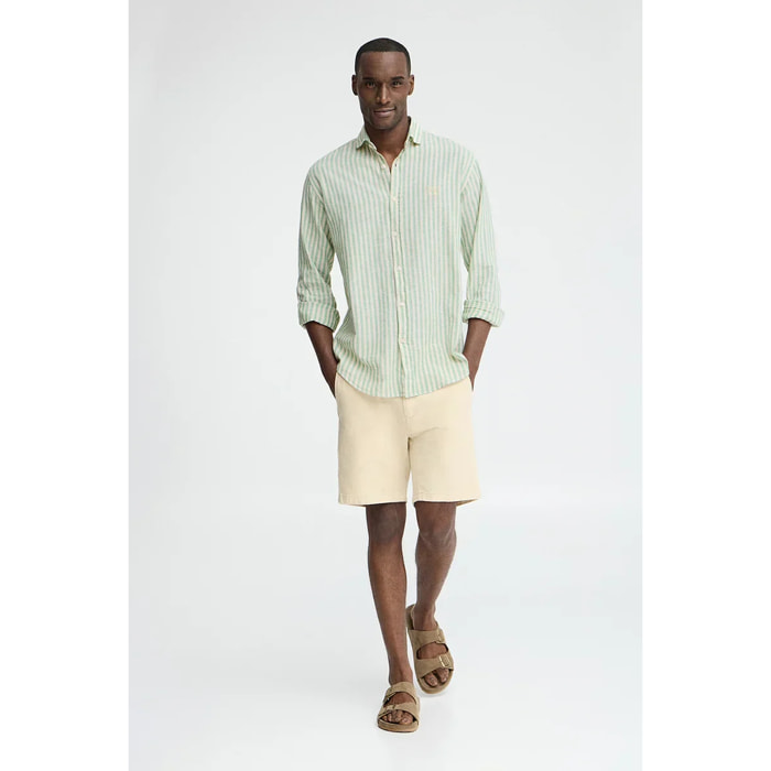 Camicia a righe cotolino verde con collo italiano e logo Polo Club