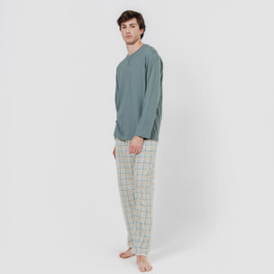 Pijama largo algodón cuadro índigo verde
