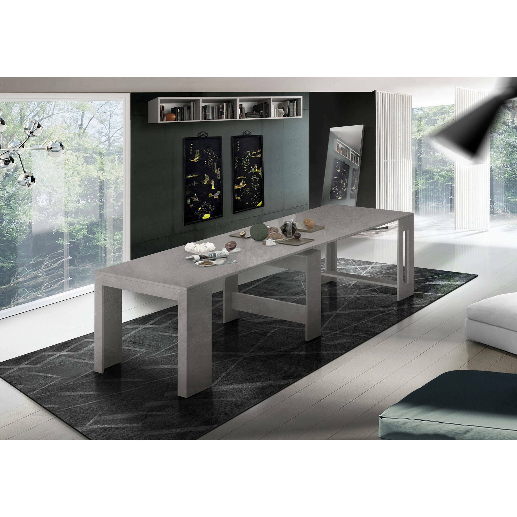 Tavolo da pranzo moderno, Made in Italy, Consolle allungabile fino a 12 posti, con portallunghe, cm 51x90h77 ( fino a 300 cm) colore Grigio Cenere