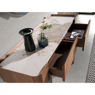 Consola rectangular en madera chapada en nogal natural y tapa de mármol porcelánico blanco con vetas en tonos tierra en brillo 120x40x76cm