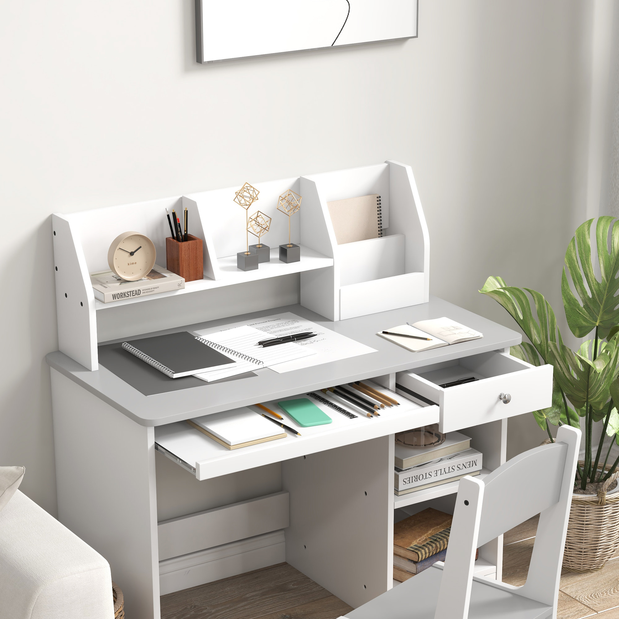 Bureau enfant multi-rangement - ensemble bureau, chaise, étagère - tiroir, plateau coulissant, 2 niches, 2 étagères, 2 présentoirs livres - gris