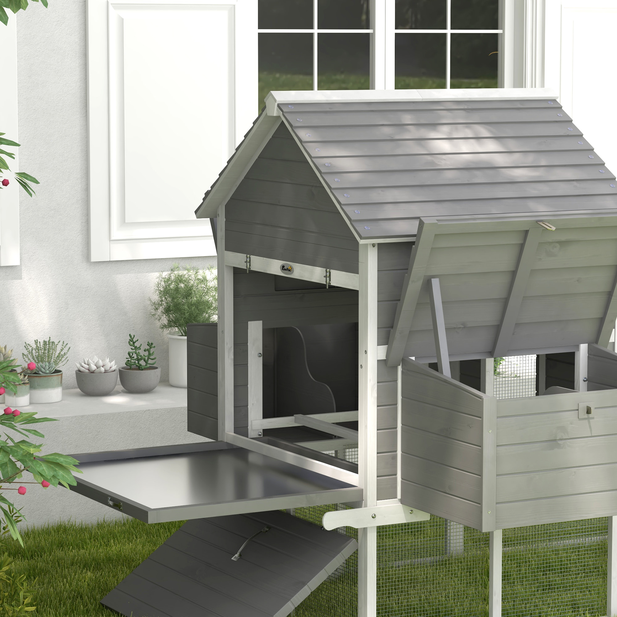 Poulailler cottage cage à poules sur pied dim. 310L x 149l x 149H cm multi-équipement bois sapin gris