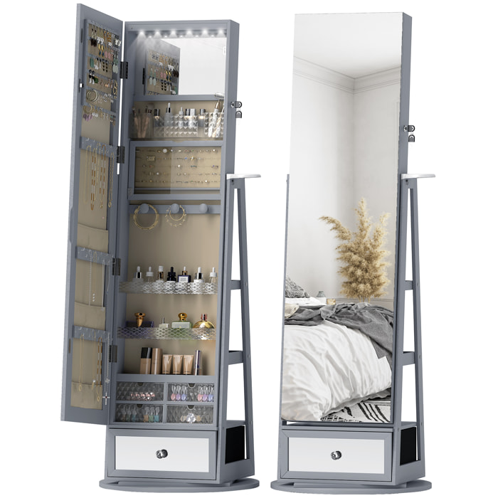 Espejo Joyero con Luces LED, Armario para Joyas, Armario Joyero con Espejo Entero, Giratorio de 360°, Cajón, Cerradura, Estantes Abiertos, Soporte para Secador, Gris Claro