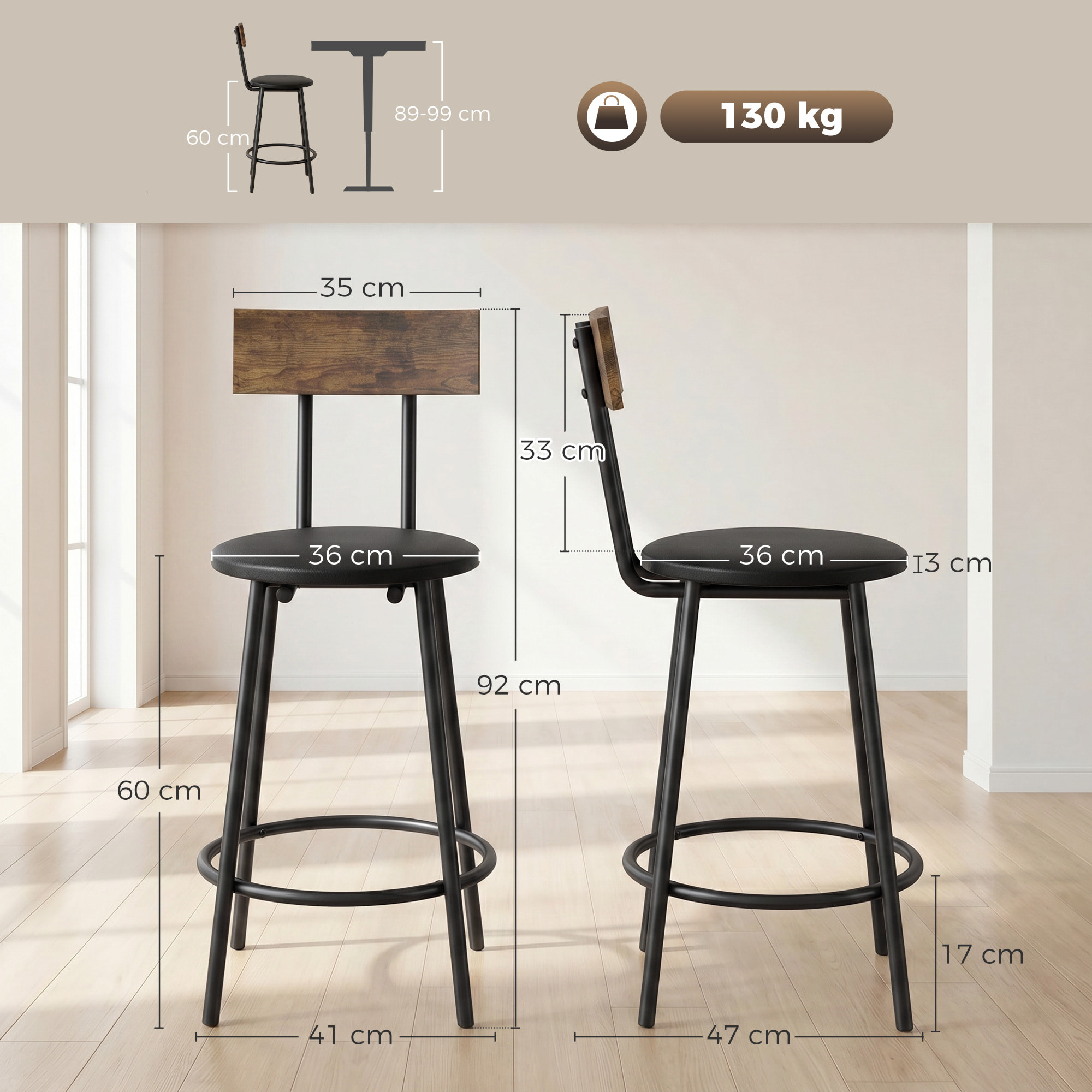 Juego de 2 Taburetes de Bar, Taburetes Altos de Cocina con Respaldo y Reposapiés, Tapizados en PU, Marco Metálico, Asiento de 60 cm de Altura, Negro