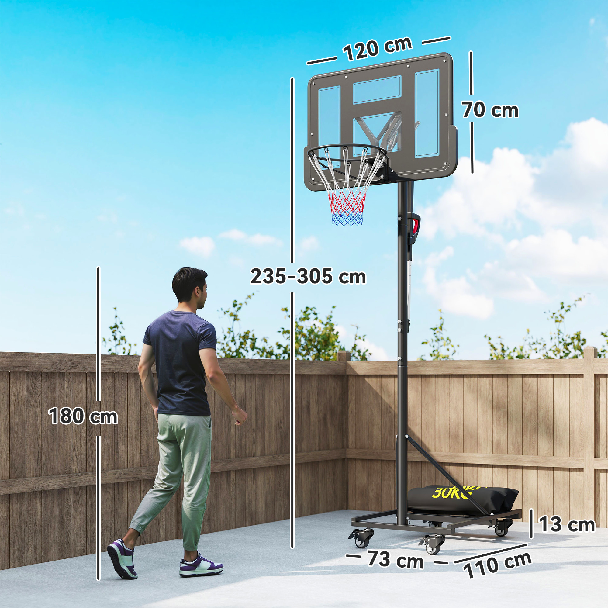 Canasta de Baloncesto para Exterior, Altura Ajustable 235-305 cm, Canasta de Baloncesto Portátil con Tablero Irrompible 110 cm, Ruedas y Saco de Peso, para Adolescentes y Adultos, Negro