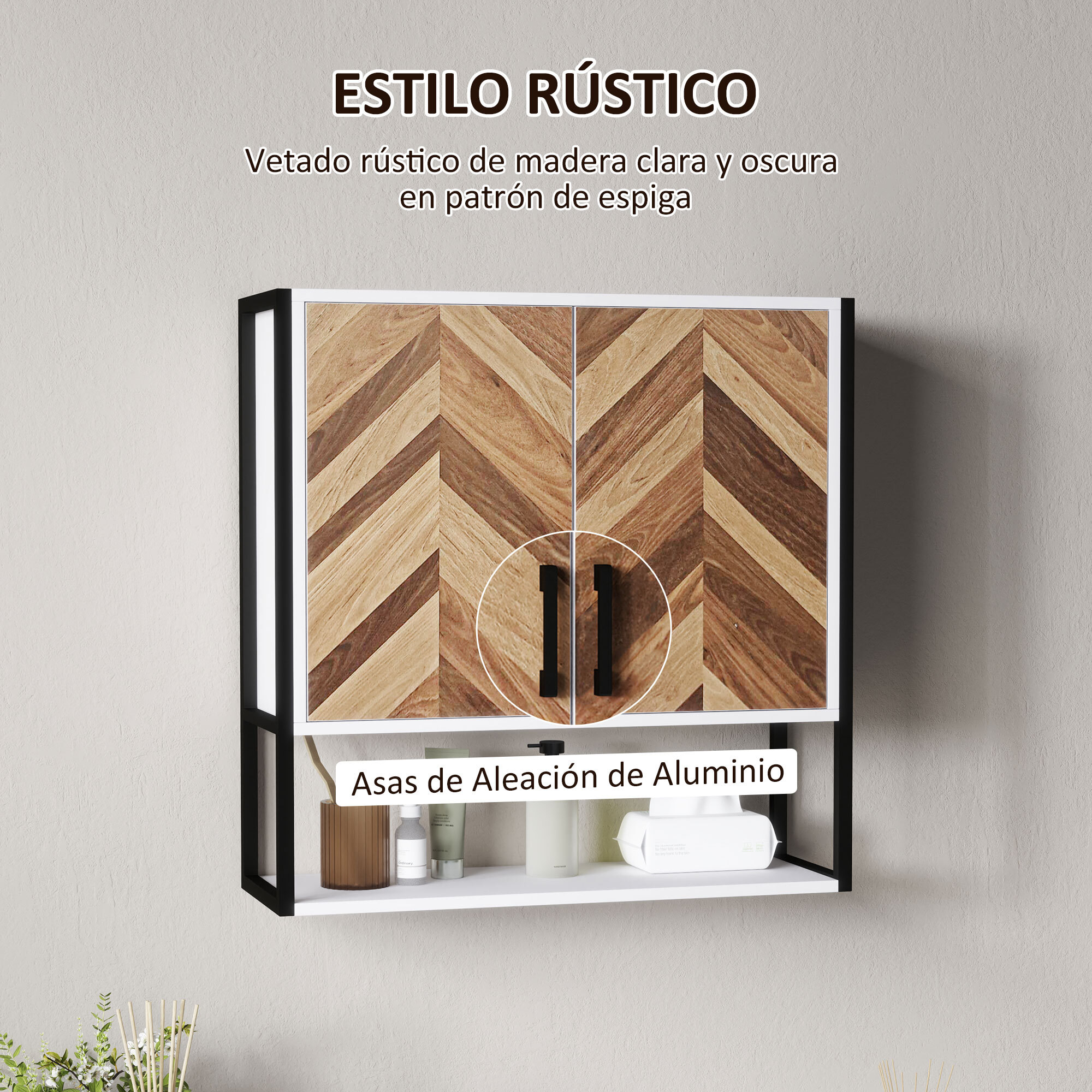 Armario de Pared para Baño Multiusos Mueble de Baño Suspendido Armario Colgante de Almacenamiento con 2 Puertas Estante Ajustable y Estante Abierto 59x20x60 cm Multicolor
