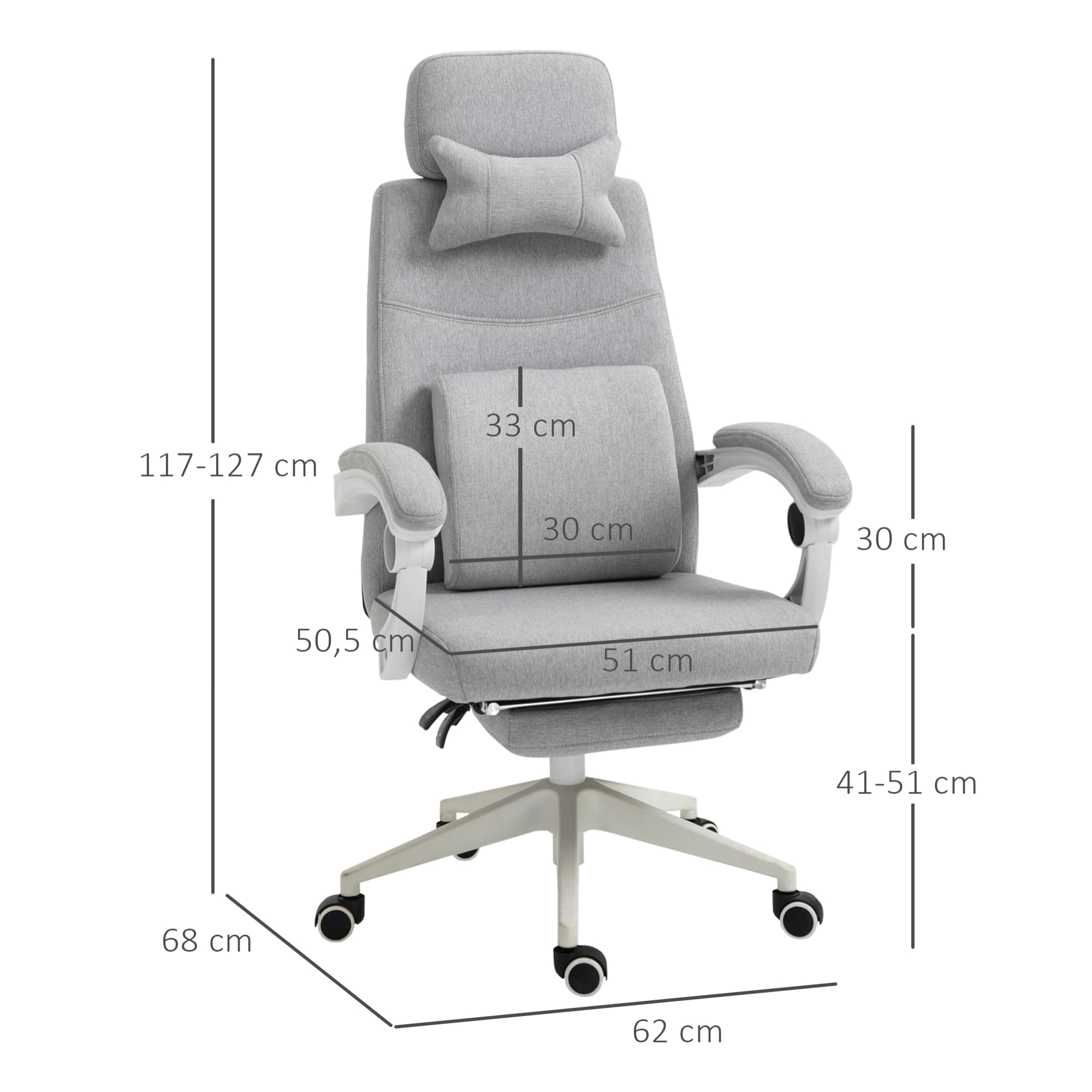 Fauteuil de bureau manager grand confort dossier réglable repose-pied coussin lombaire roulettes 360° lin 62L x 68P x 127H cm gris