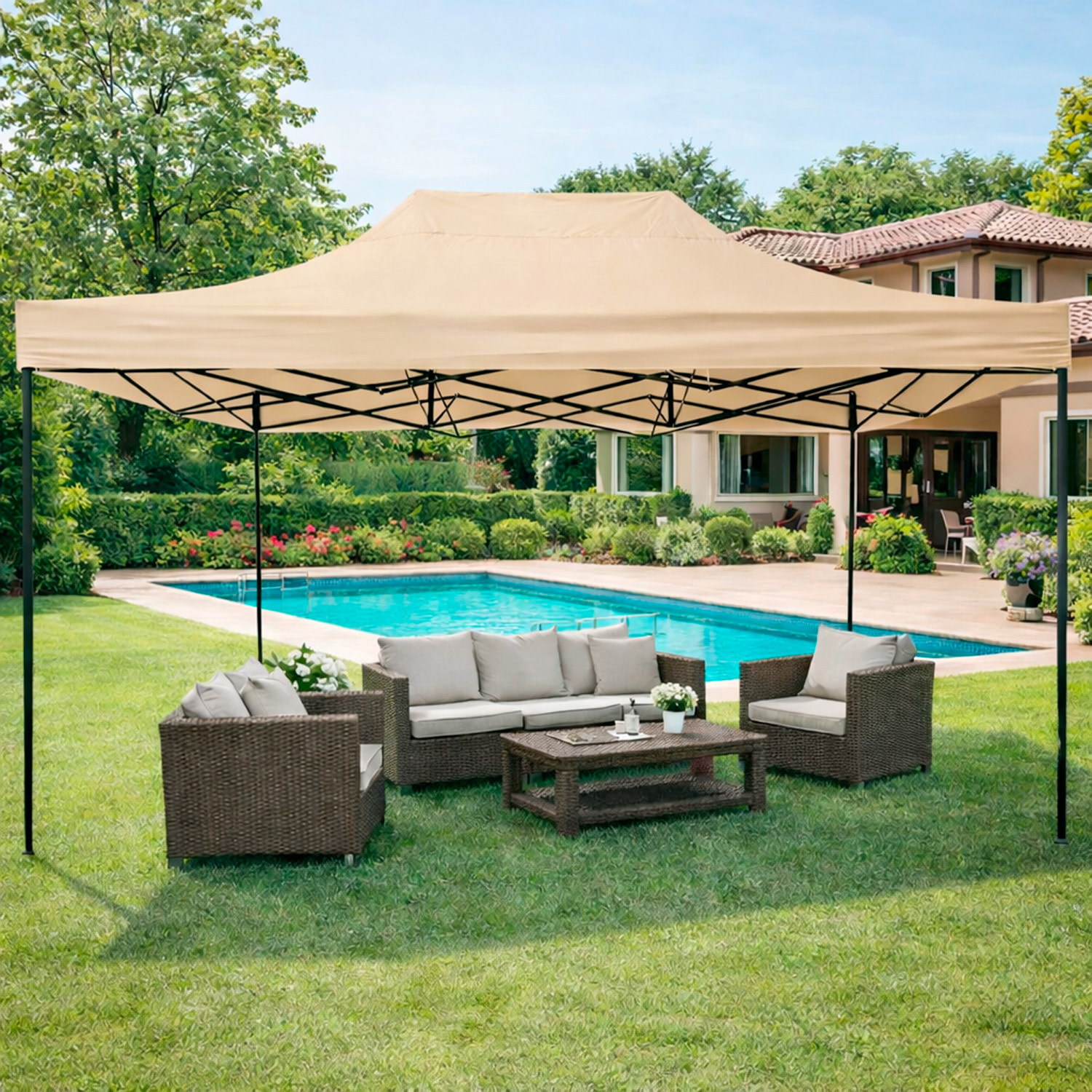 Gazebo Professionale 3x4.5 M Richiudibile Automatico In Acciaio E Telo Oxford 1200D PVC Impermeabile Anti UV Struttura a Fisarmonica con Sacche Beige
