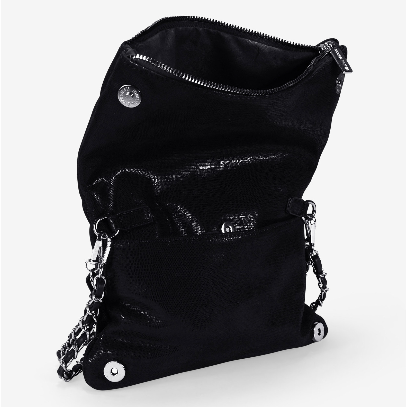Bolso bandolera negro con solapa y asas de cadena