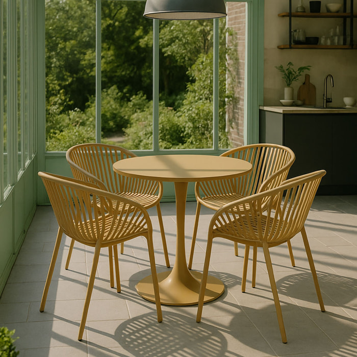 Ensemble de repas table et 4 fauteuils en polypropylène ocre CALYPSO