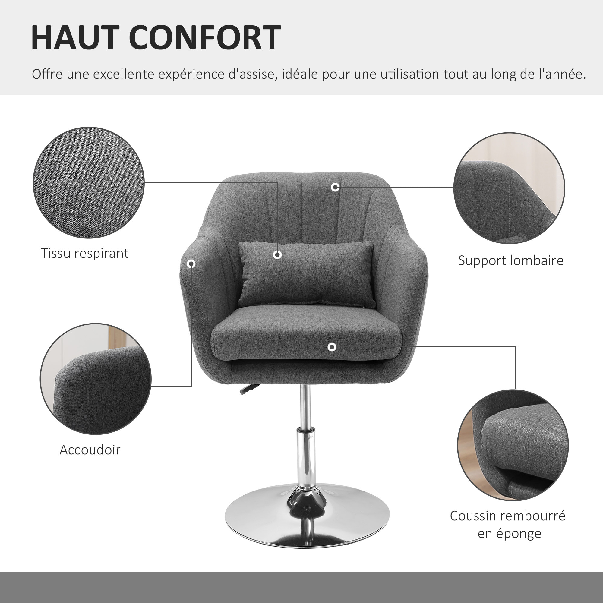 Fauteuil lounge design grand confort coussins lombaires hauteur réglable pivotant 360° piètement métal chromé lin gris