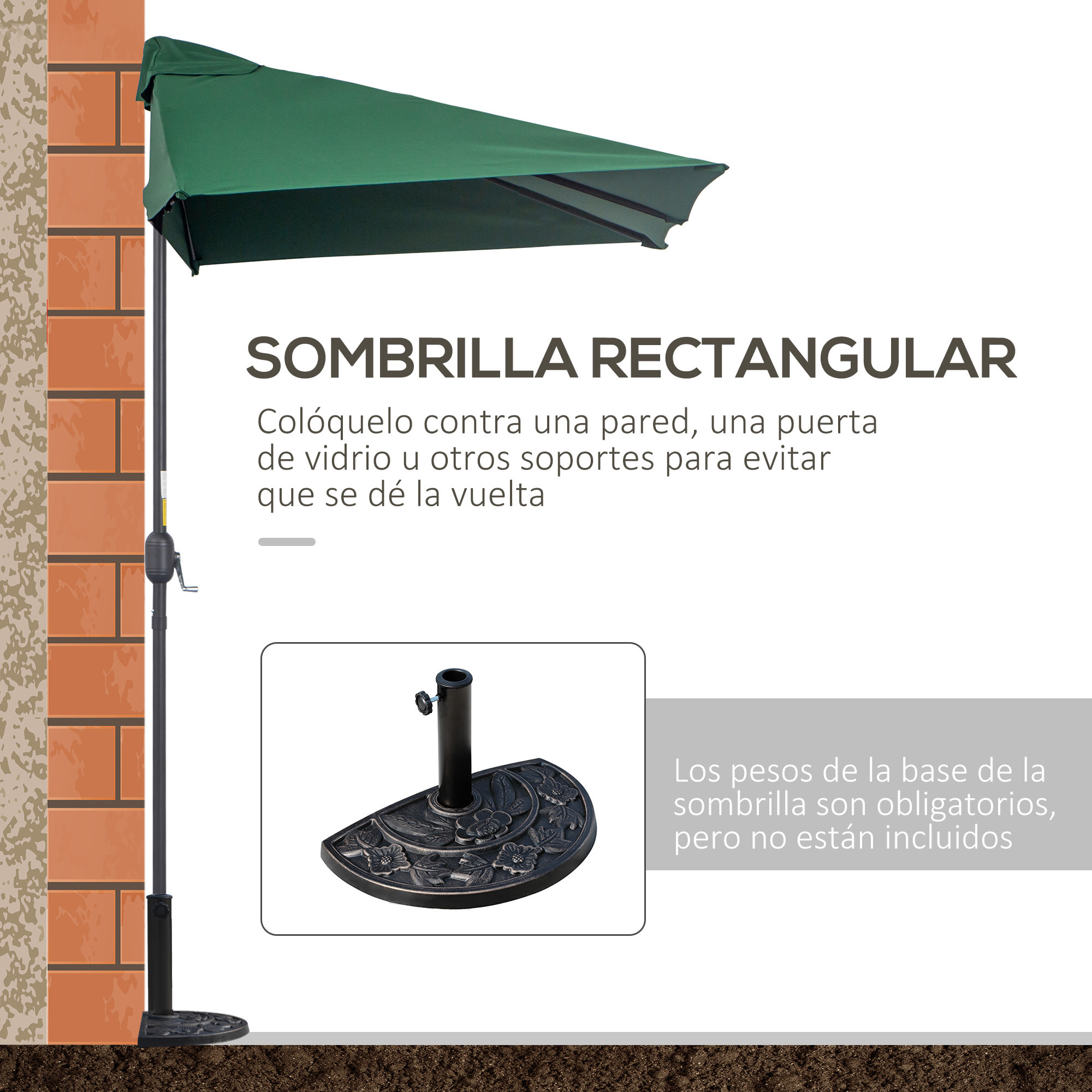 Sombrilla Rectangular 230x130x245 cm Parasol para Pared Media Sombrilla con Manivela Protección UV 30+ Impermeable Sombrilla para Balcón Terraza Jardín Verde