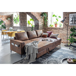 Lilly - Canapé d'angle droit - 4 places - convertible avec coffre - en microfibre - Marron